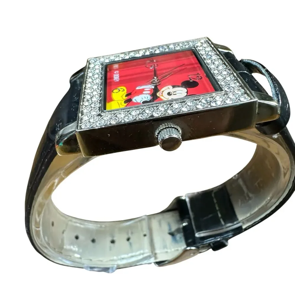 Vintage Disney Mickey Mouse Watch Reptile Print Band Swarovski Type Crystals